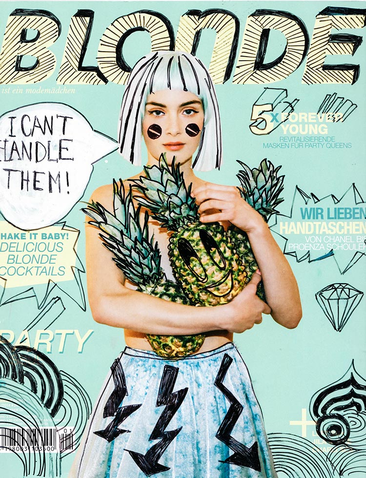 Collagen, verzierte Bilder, Zeitschrift Blonde, Kunstcollage, Cover, Zeitschriftencover
