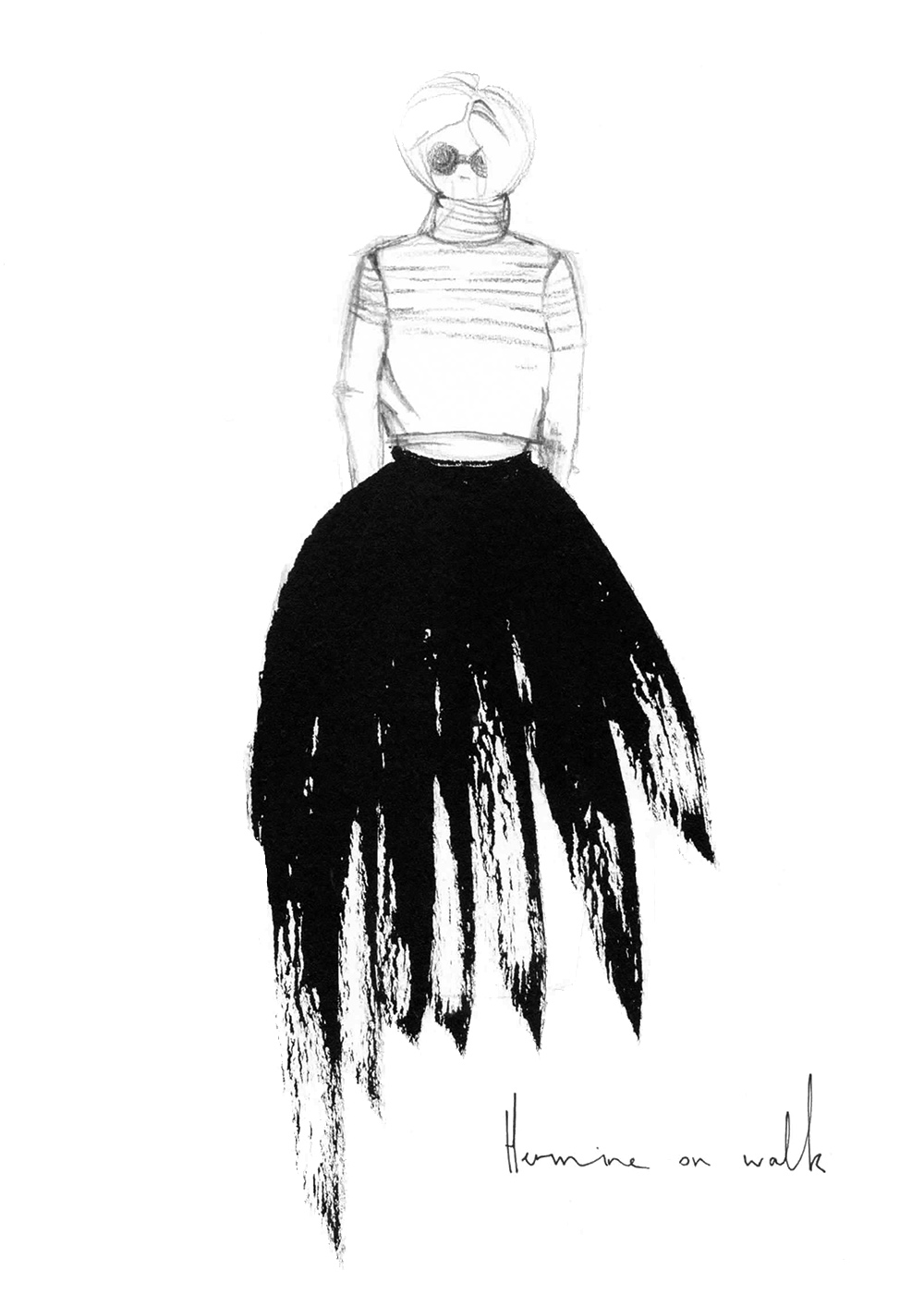 Silhouetten entwickeln – wie geht das? Ich erkläre euch anhand meiner Bewerbungsmappe für Mode Design wie ich vorgegangen bin, um neue, interessante Modeentwürfe zu kreieren. Hermine on walk | Mode Design | Silhouetten entwicklen | Sketchbook | Fashion Illustration | print | structure
