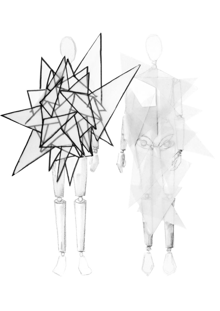 Silhouetten entwickeln – wie geht das? Ich erkläre euch anhand meiner Bewerbungsmappe für Mode Design wie ich vorgegangen bin, um neue, interessante Modeentwürfe zu kreieren. Hermine on walk | Mode Design | Silhouetten entwicklen | Sketchbook | Fashion Illustration | print | structure