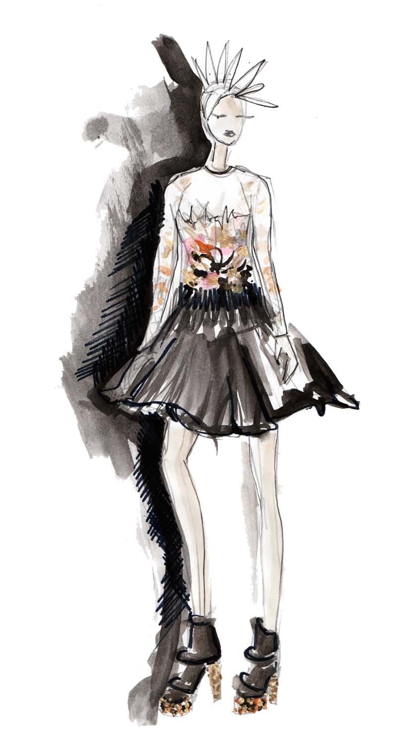 So zeichnest du eine Mode Skizze ! Erfahre wie du durch einfache Mittel tolle Ergebnisse zu Stande bringst - anhand von Alexander McQueen Entwürfen erklärt. Hermine on walk | Mode Illustration | Fashion lIlustrations | Fashion Sketch | Sketchbook | Mode Skizzen